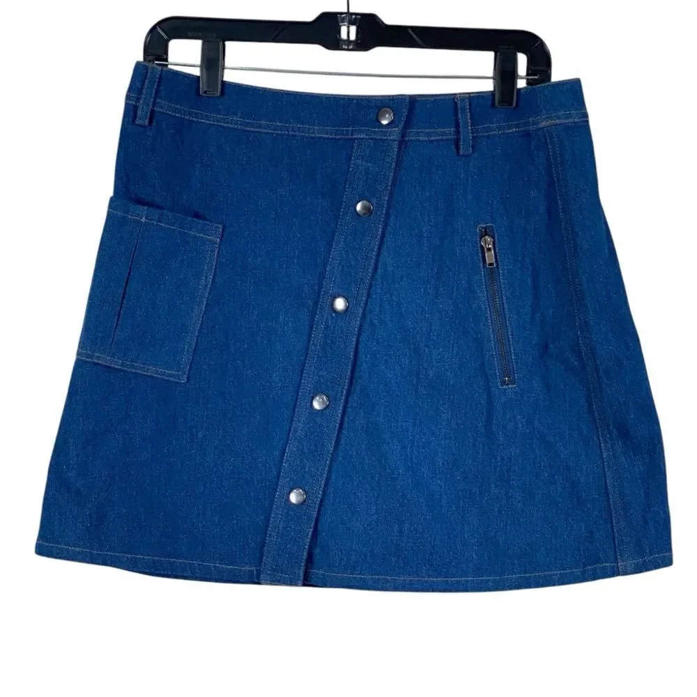 JOA Los Angeles Blue Denim Snap Front A-Line Mini Skirt Sz L NWT